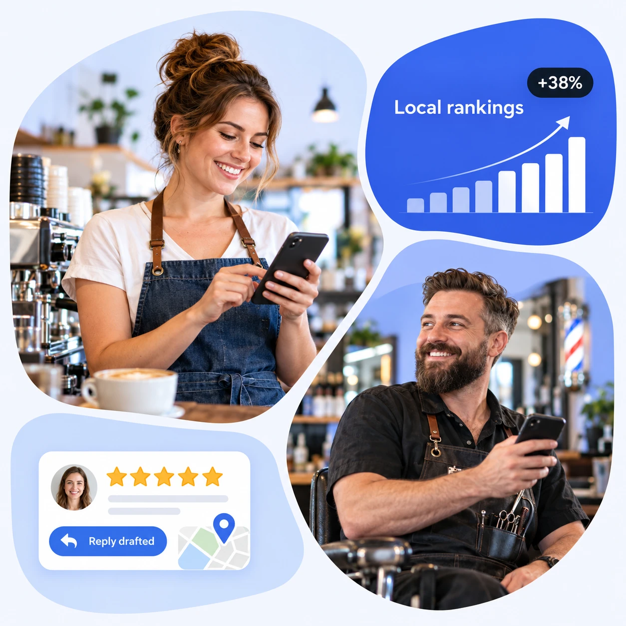 Local business owners using Flento on their phones, with a local rankings chart and review reply card